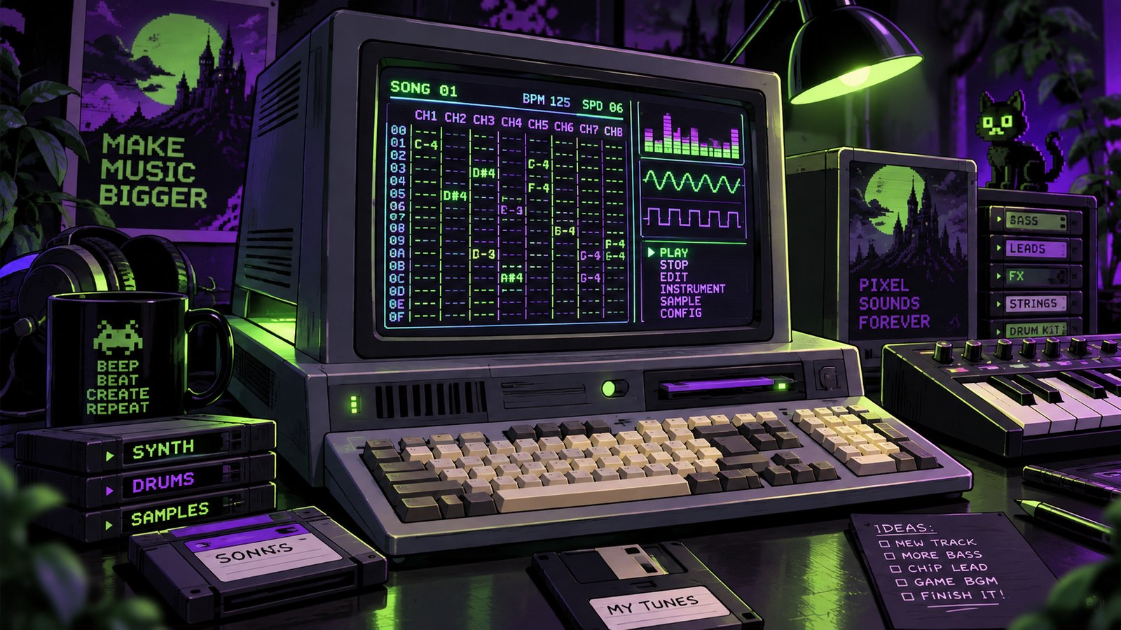 Original retro home-computer music studio artwork with a tracker interface on a CRT